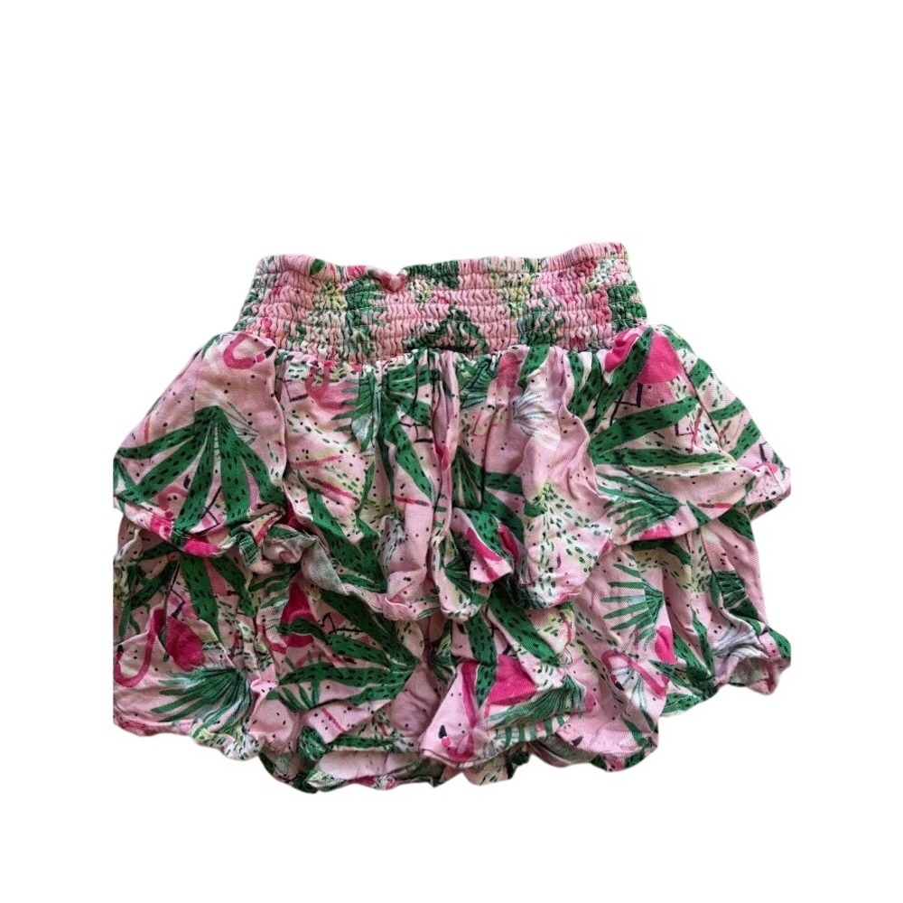 Kids Pink Flamingo‎ Palm Leaf Smocked Tiered Ruffle Mini Skirt Summer Tropical